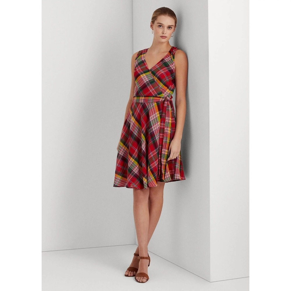 Lauren Ralph Lauren Plaid Crinkle Cotton Sleeveless Dress Womens 16 100% Cotton